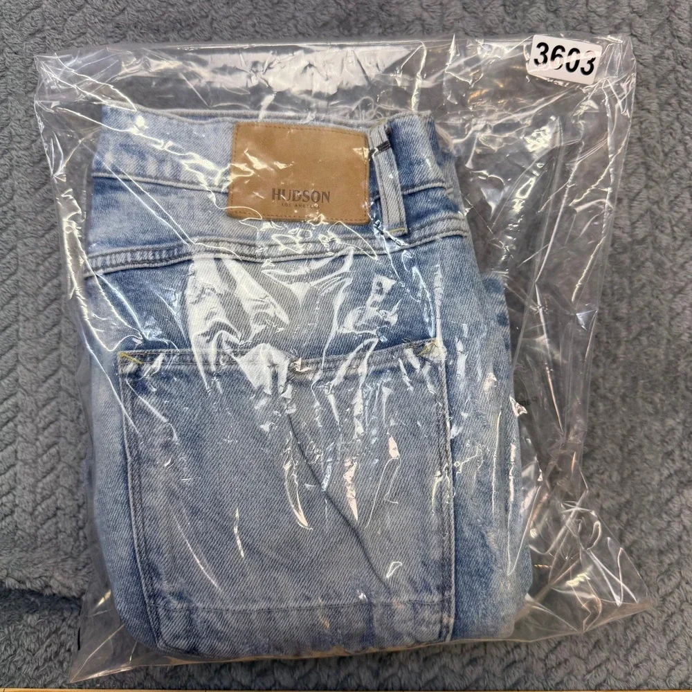 Hudson Jeans Mens 32x28 Distressed Light Wash Blue Denim Button Fly Raw Hem Moto
